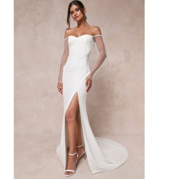 Lulus Dresses & Skirts - Eternally Beloved White Mesh Off-the-Shoulder Pearl Maxi Dress Size XS